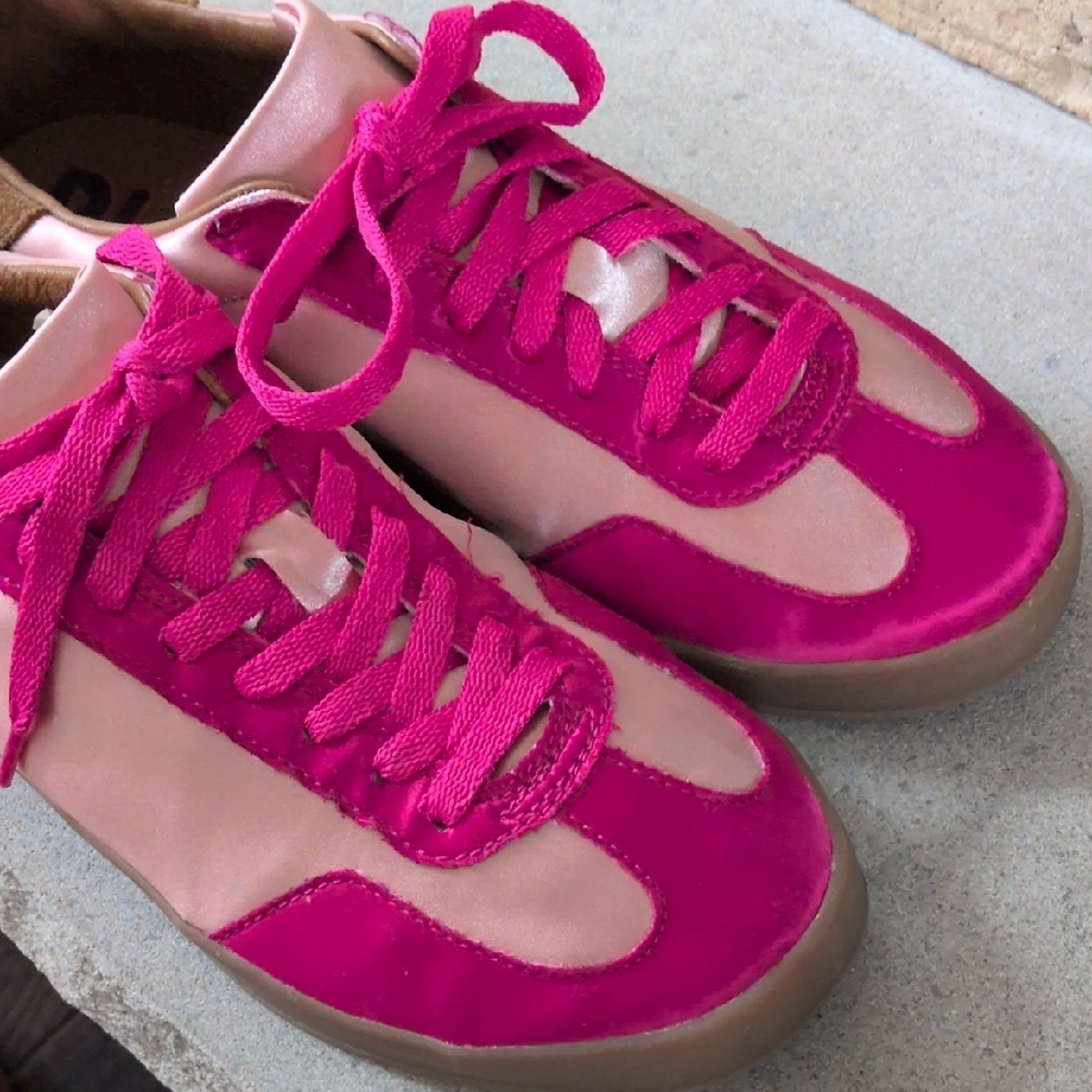 PLAY by JEFFERY CAMPBELL I Pink & Brown Satin & Suede "Keyes" Sneakers Shoes, 8 - Picture 9 of 16